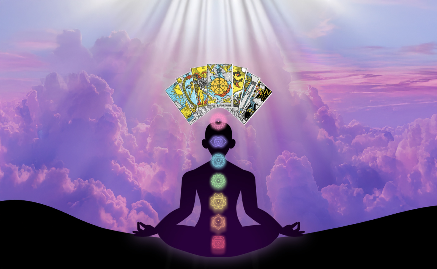 It says Psychic Astrology Shop at the top, there are tarot cards and the silhouette of a person with chakra symbols on their body. The background is full of purple clouds.