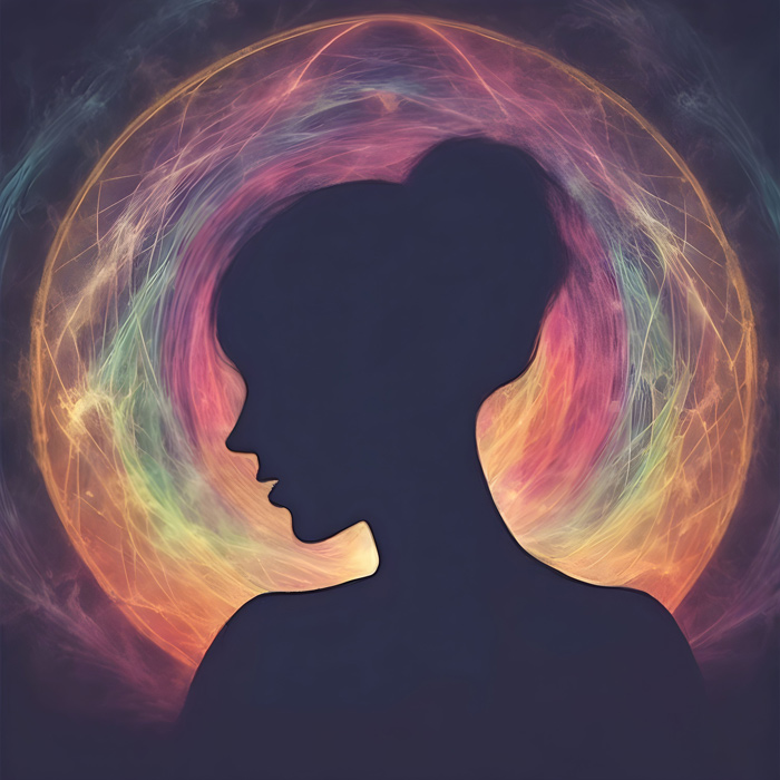 Silhouette of a womans profile with an aura of colors around her face.